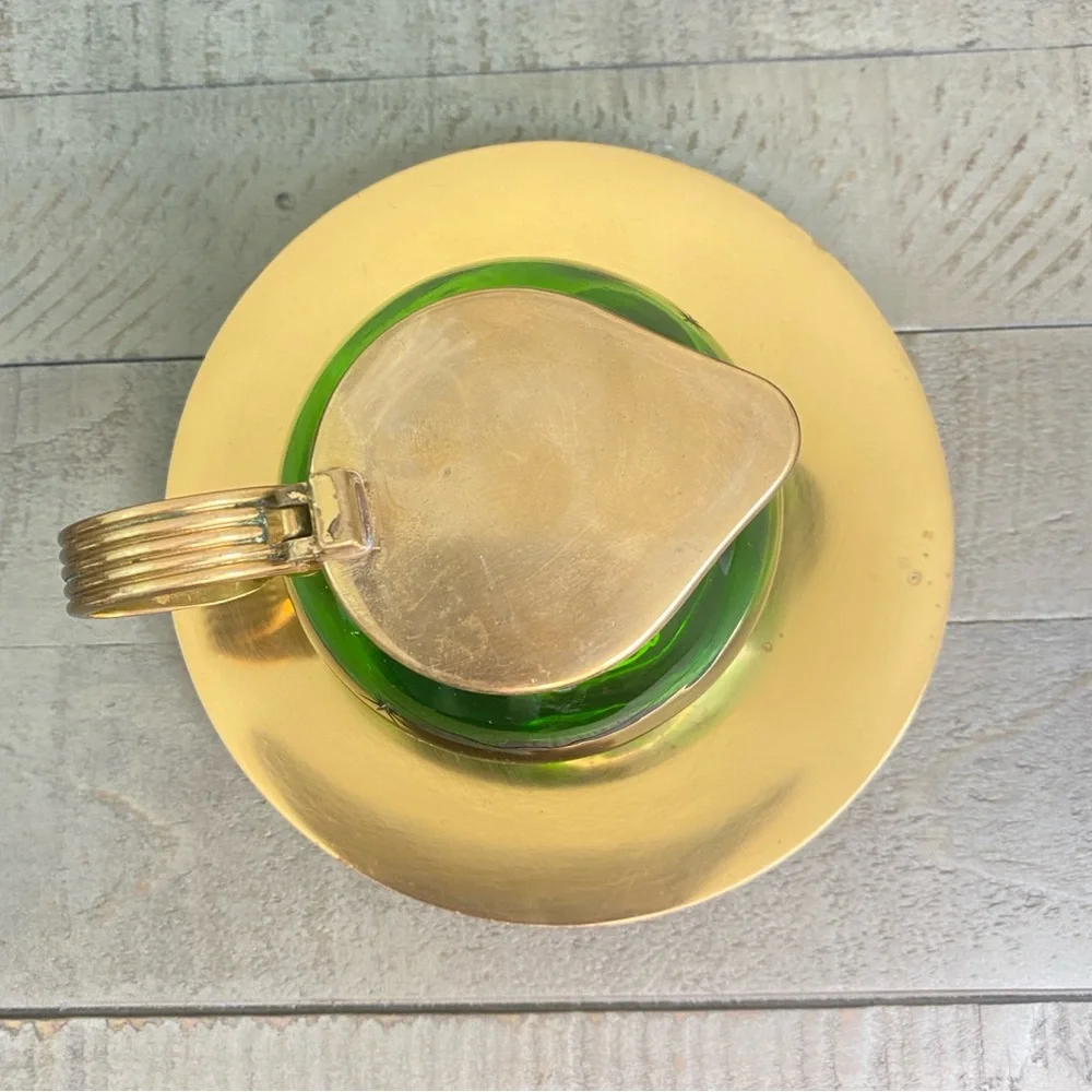 Vintage Emerald Glo Star Cut Green Glass Brass Pitcher Saucer National SilverCo